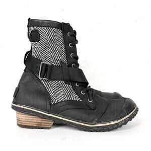 Sorel Womens Slimboot Herringbone Lace Up Waterproof Boots Black Leather Size 10